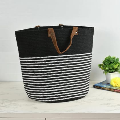 Cotton Basket, Black, White Stripes, Handles, 14x16 Inches