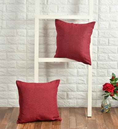 Jute Plain Cushion Cover, Hidden Chain, 16x16 inches, Maroon, Pack of 2