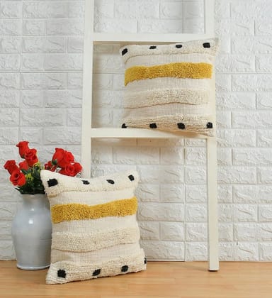 Tufted Cushion Cover, Rows, Dots, 16x16 inches, Off-White, Yellow, Black