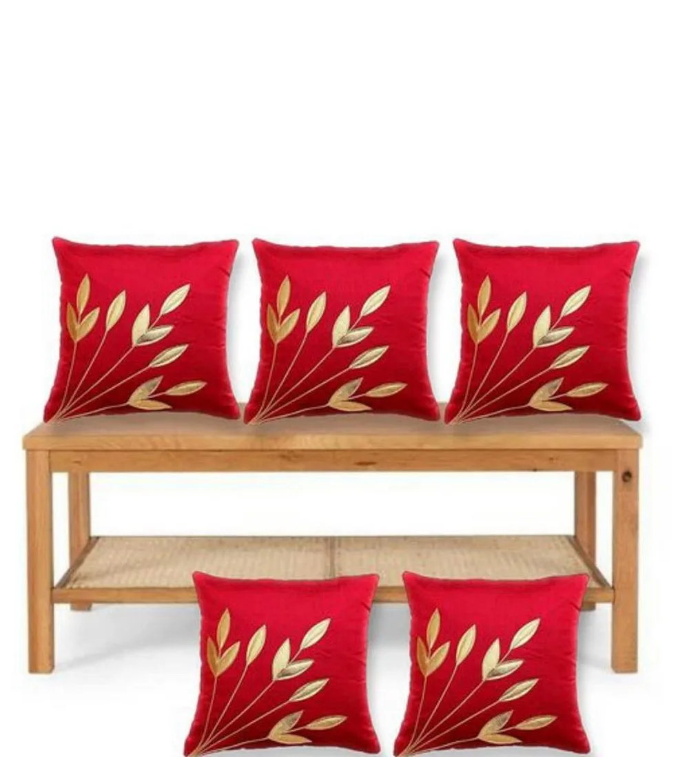 Leaf Cushion Cover, Dupion, Red, Set of 5, 16x16