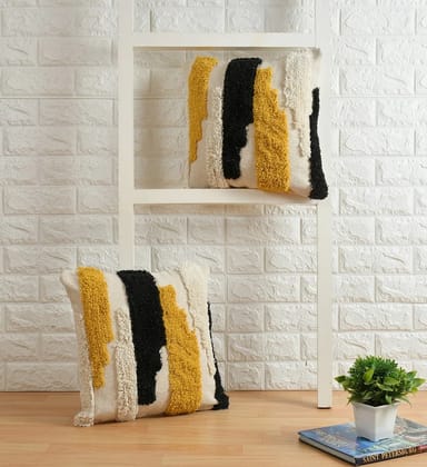 Abstract Designer Tufted Cushion Cover, Off White, Black, Yellow, 20x20