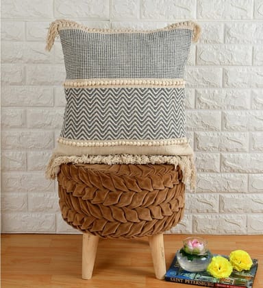Blue Zigzag boondi lace tufted Cushion Cover, 16x16, Cotton