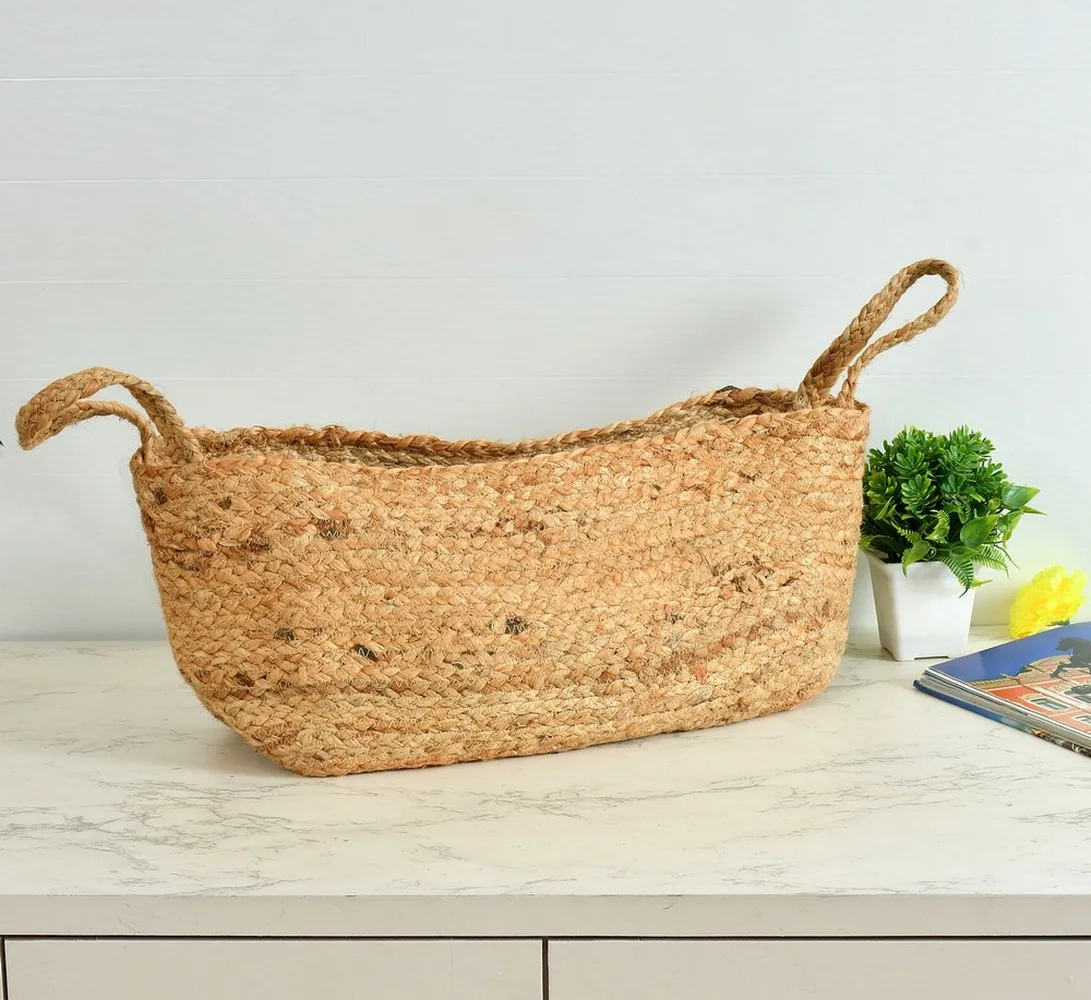 Jute Plain Storage Basket, Rectangle, Handles, 40x20 cm