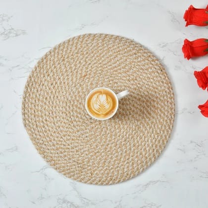 Jute Cotton Placemat, Round, White Beige, Crisscross, 14 Inches, Pack of 6