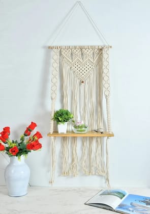 Macrame wall hanging shelf triple diamonds heart, off-white, 16x36