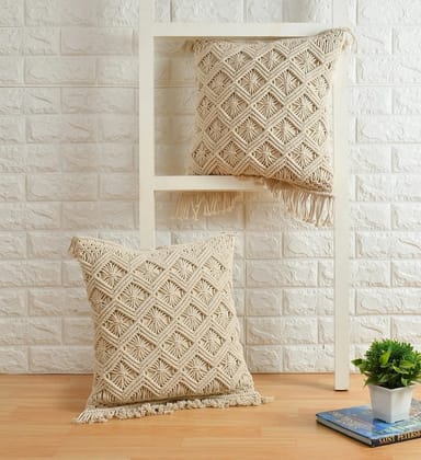 Macrame Cushion Cover, Zig Zag Lines Diamond Boxes, 24x24, Pack of 1
