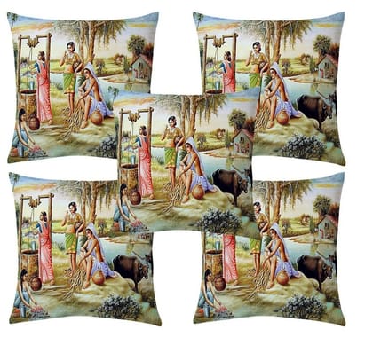 Village girls well jute printed cushion cover premium back, 16x16 inches, Set of 5