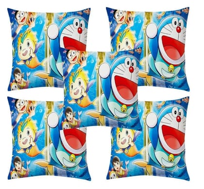 Doraemon kids cartoon jute printed cushion cover premium back, 16x16 inches, Set of 5