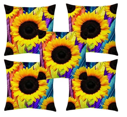 Sun Flower jute printed cushion cover premium back, 16x16 inches, Set of 5