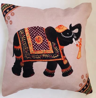 Brown Elephant on White Jute printed cushion cover, 16x16, Set of 5