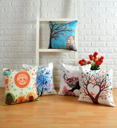 Floral design girl, house, printed jute tree cushion cover, 16x16, set of 5