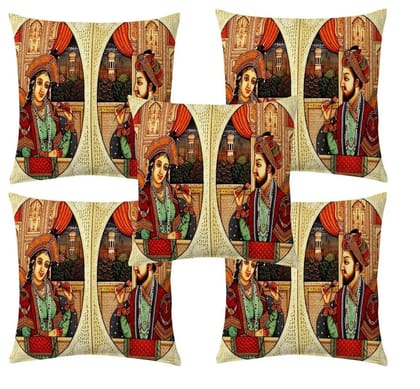 Mughal king couple jute printed cushion cover premium back, 16x16 inches, Set of 5