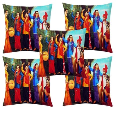 Baisakhi bhangra village jute printed cushion cover premium back, 16x16 inches, Set of 5