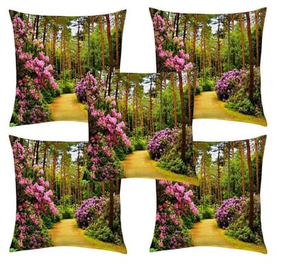 Floral Tree Lane jute printed cushion cover premium back, 16x16 inches, Set of 5