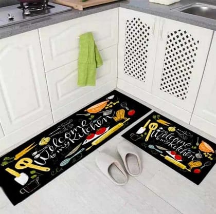 Kitchen Mat Digital Print, combo, utensils, black, 18x55, 17x26