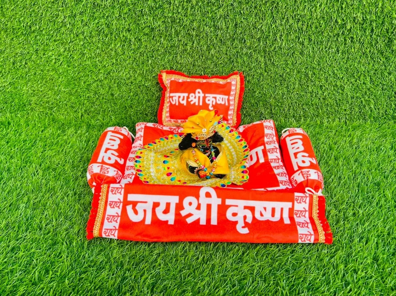 Shree Krishna Printed Laddu Gopal Bedset, 5 pieces, Orange