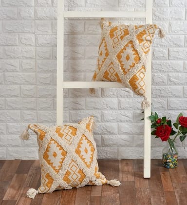 Tufted square floral printed cushion cover, 16x16, Mustard