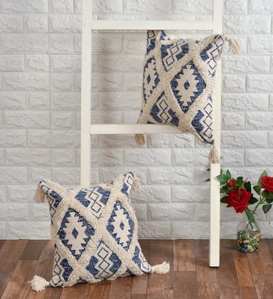 Tufted square floral printed cushion cover, 16x16, Blue