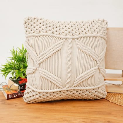 Macrame Cushion Cover center triangles, top bottom small knots, 16x16, Off-White