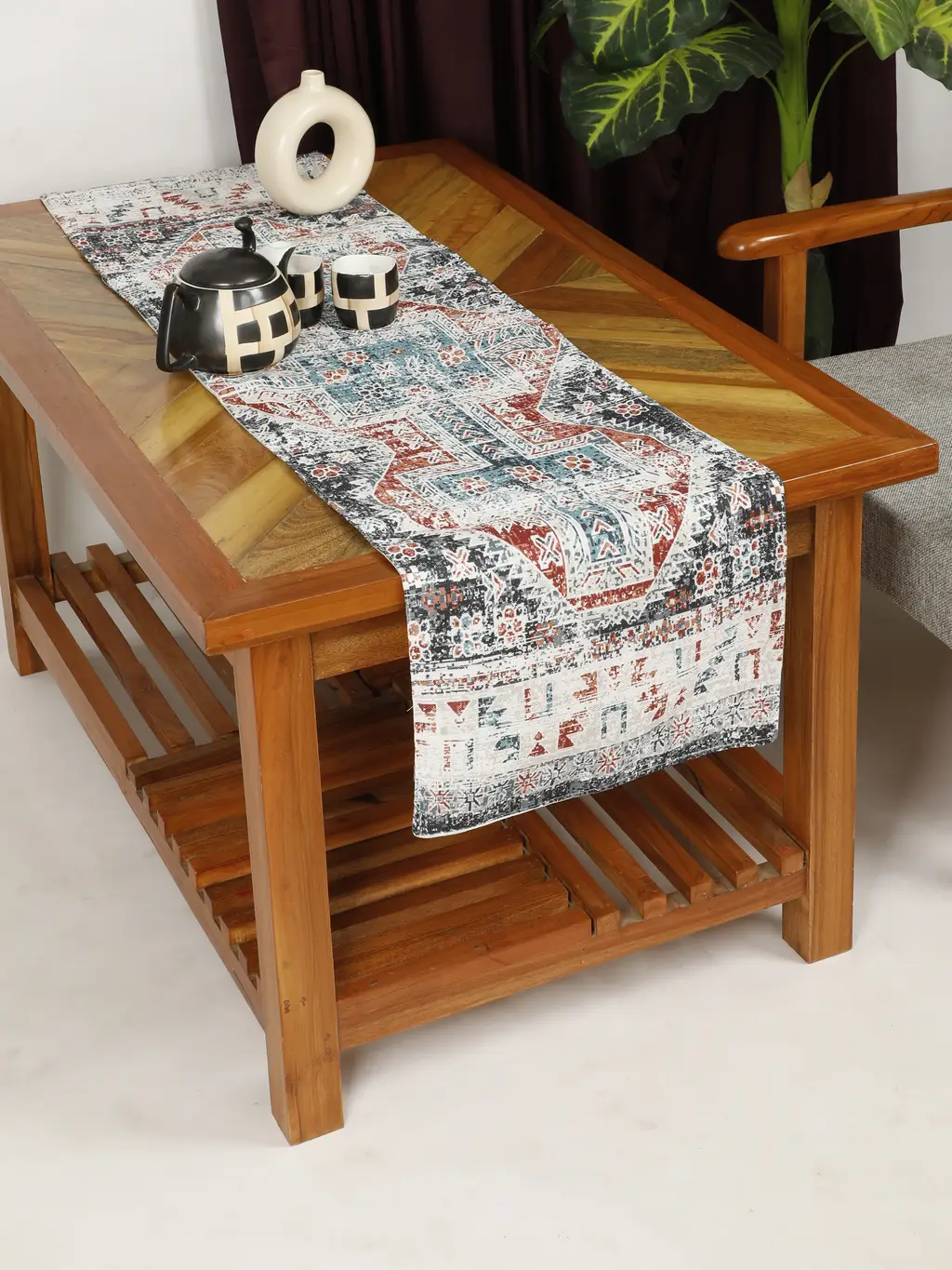Cotton polyester printed table runner, abstract wave, floral, 54x14, charcoal, orange, teal