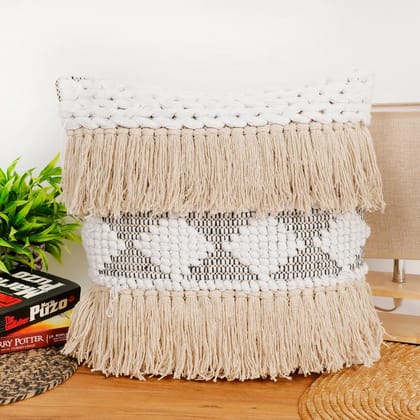 Dhurrie cushion cover knotted, fringes, diamonds, 16x16, white, black