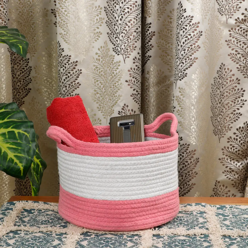 Cotton Dual Color small handle basket, 10x7.5, white, pink