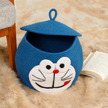 Face cotton kids basket with lid for storage, curvy, 10x9, blue, doraemon
