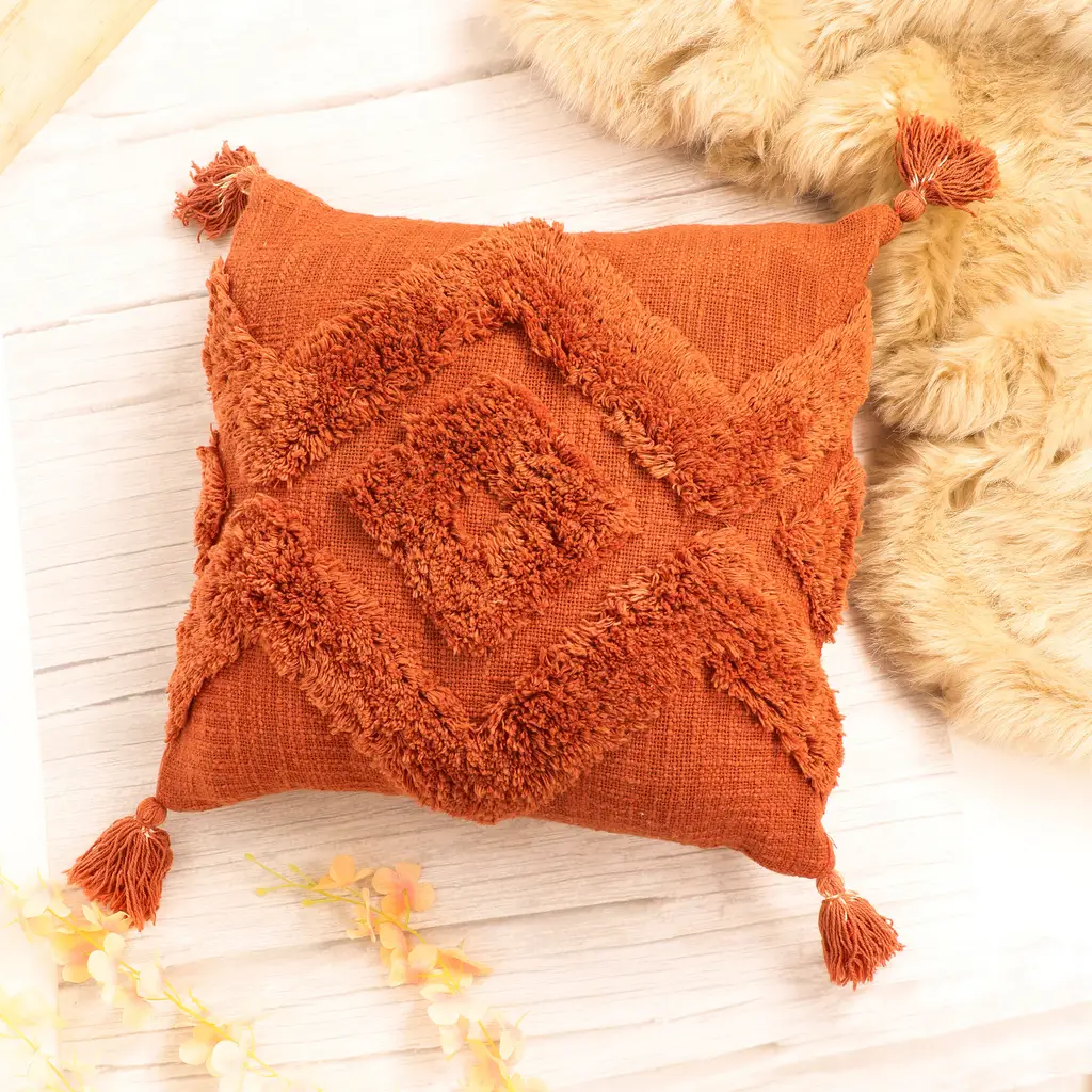 Tufted Cushion Cover Tassles, Wave, Center Diamond, Opposite Triangles, 16x16, Rust Orange