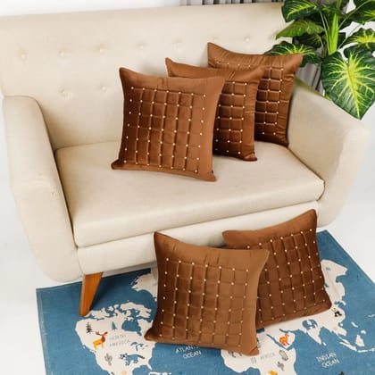 Square dots embroidery Cushion Cover, brown, 16x16, set of 5