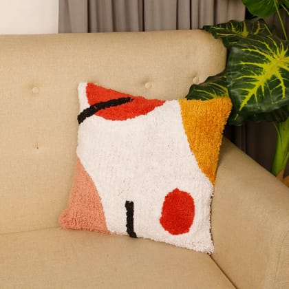 Canvas Tufted Cushion Cover shapes pattern, white, yellow, red, 16x16