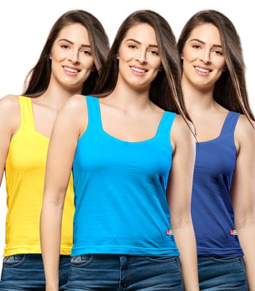 NRG Womens Cotton Assorted Colour Tank Top Half Slips ( Pack of 3 Yellow - Light Blue - Dark Blue ) L12 Camisole