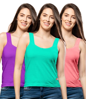 NRG Womens Cotton Assorted Colour Tank Top Half Slips ( Pack of 3 Purple - Mint Green - Peach ) L12 Camisole
