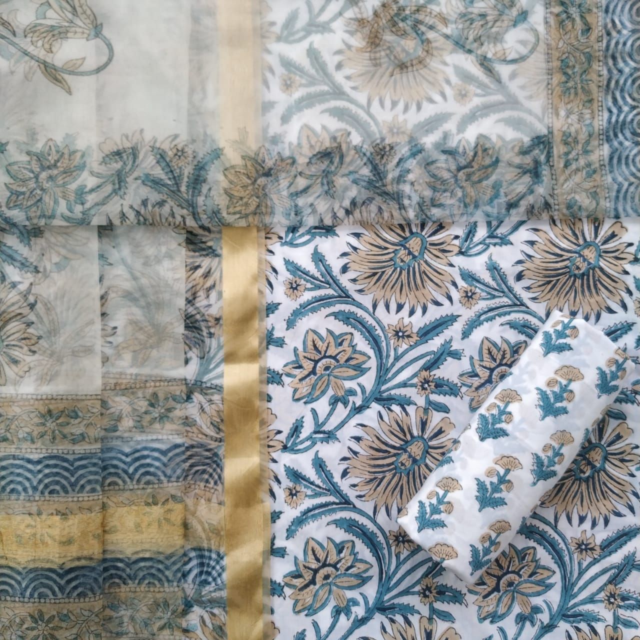 Designer Hand Block Print Pure Cotton Suit with Organza Dupatta (ORG100)