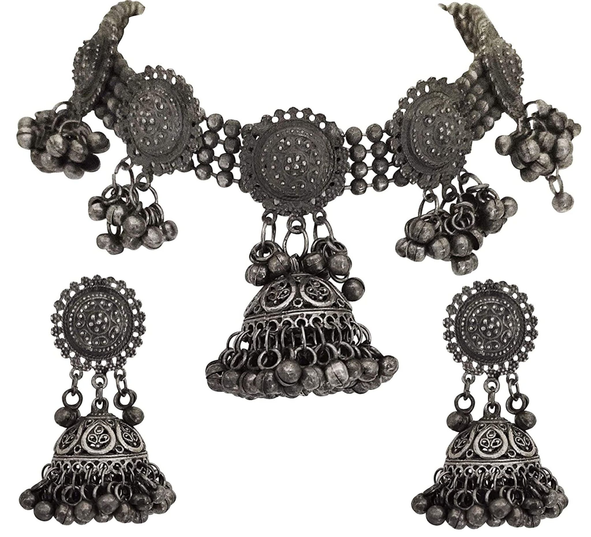 Pujvi Fashions Oxidised Flower Ghungroo choker necklace set