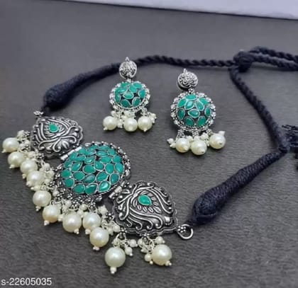 Pujvi Fashions Oxidised Green Kundan Choker Necklace set