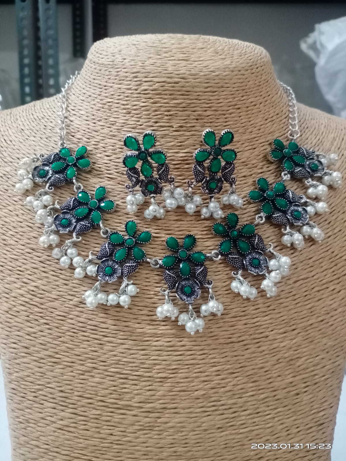 Parrot Green Necklace Jhumka Earrings Hand Pieces Tikka Flower Set – Amazel  Designs