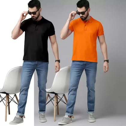 DOKCHAN Cotton Blend Solid Plain Polo Neck Half Sleeves T-Shirt For Mens Pack of 2