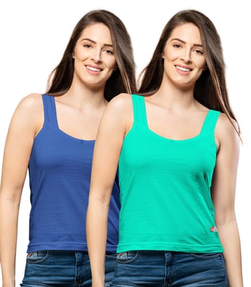 NRG Womens Cotton Assorted Colour Tank Top Half Slips ( Pack of 2 Dark Blue - Mint Green ) L12 Camisole