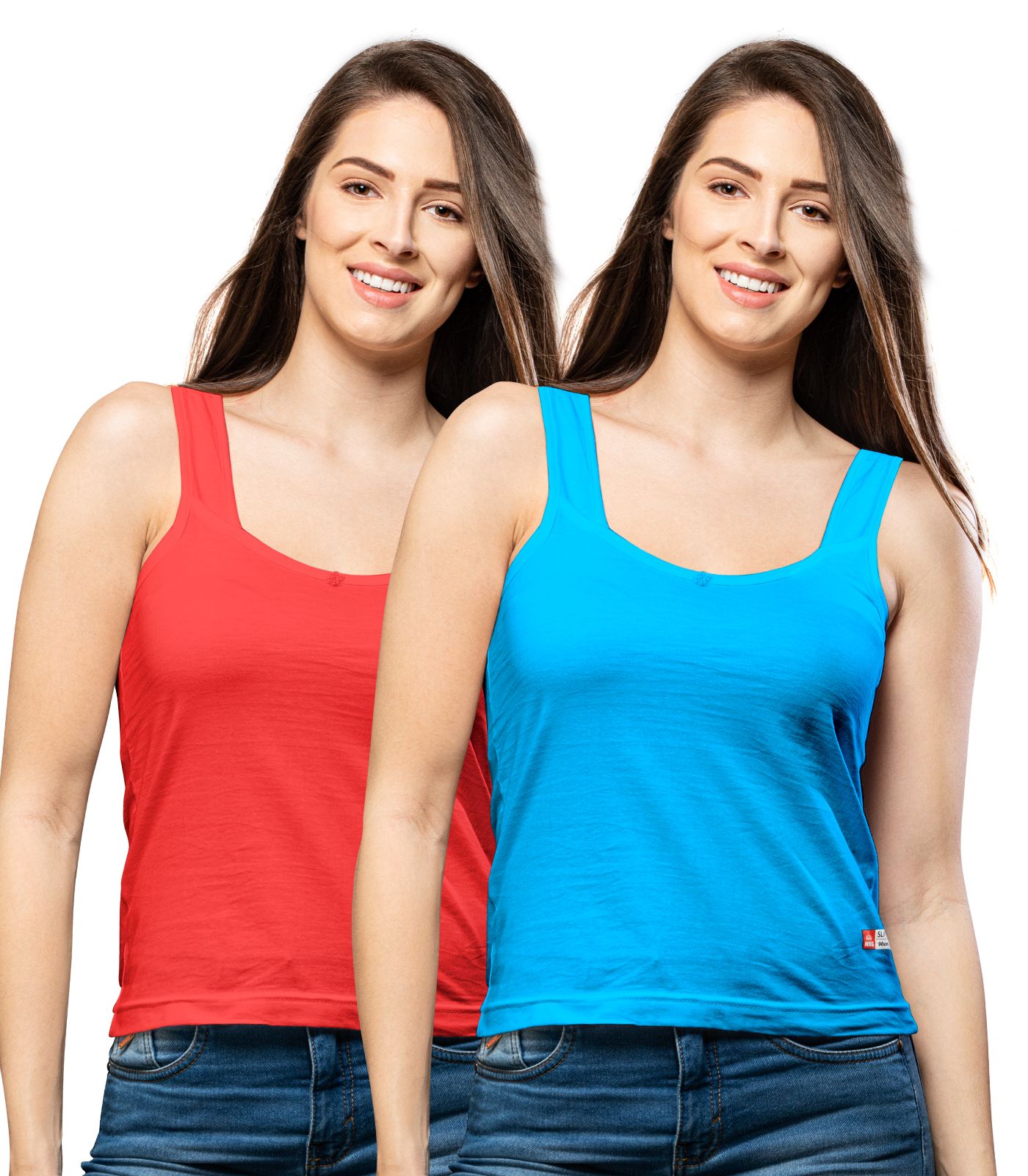 NRG Womens Cotton Assorted Colour Tank Top Half Slips ( Pack of 2 Red - Light Blue ) L12 Camisole