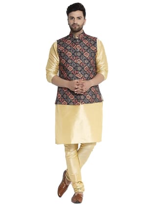 Banity Bey Men's Silk Blend Gold Kurta Pajama with Designer Ethnic Nehru Jacket/Modi Jacket/Waistcoat