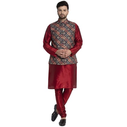 Banity Bey Men's Silk Blend Maroon Kurta Pajama with Designer Ethnic Nehru Jacket/Modi Jacket/Waistcoat
