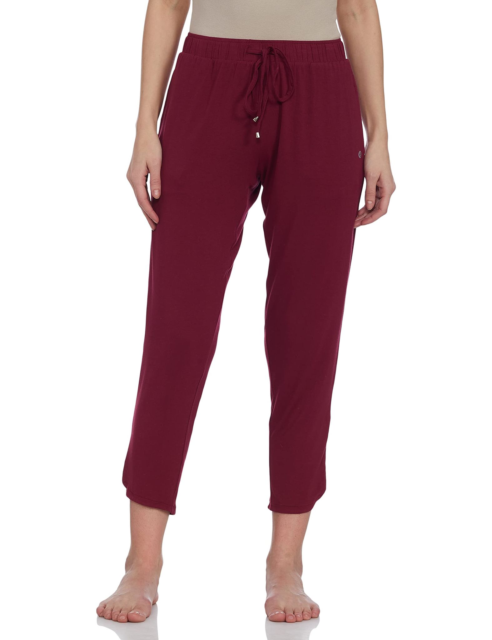 Enamor Essentials Women's Mid Rise 7/8th Relaxed Fit Soft & Drapey 4 Way Stretch Viscose Spandex Lounge Pants with 2 Side Pockets- E048(E048-Burgundy-M)