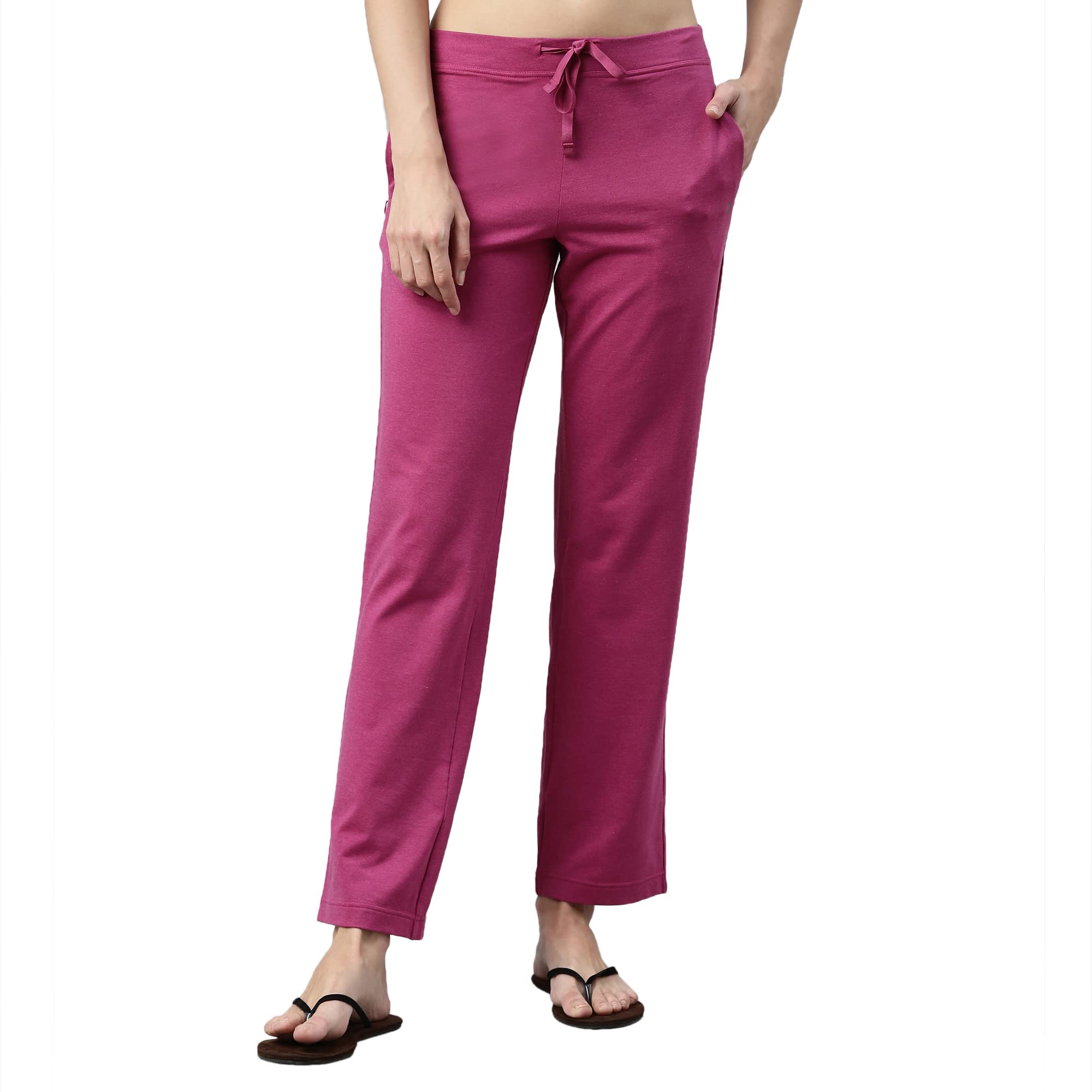 Enamor Essentials Women's Mid Rise Slim Fit Straight Leg Breathable Stretch Cotton Lounge Pants with Drawstring and Invisible Zipper Pockets- E014(E014-Queen Pink Melange-XL)