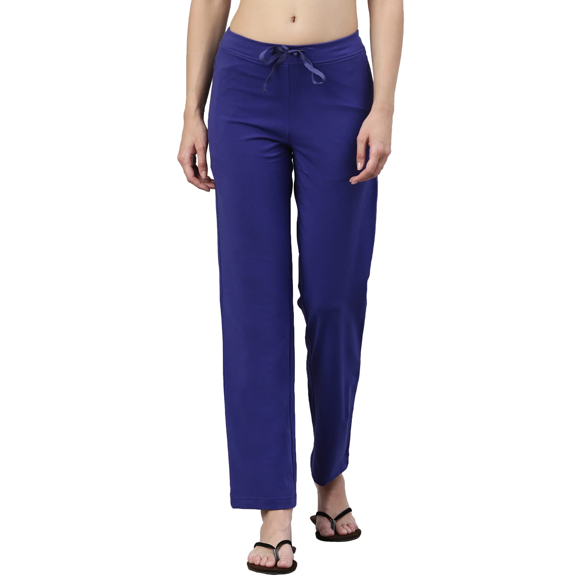 Enamor Essentials Women's Mid Rise Slim Fit Straight Leg Breathable Stretch Cotton Lounge Pants with Drawstring and Invisible Zipper Pockets- E014(E014-Greek Blue-S)