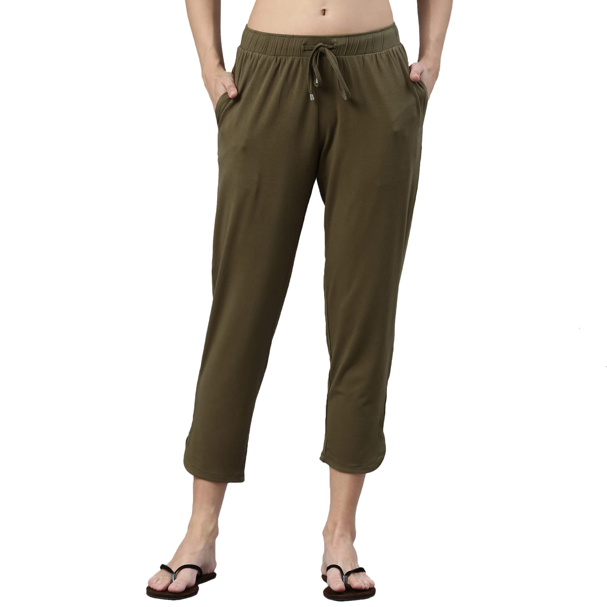 Enamor Essentials Womens Mid Rise 7/8th Relaxed Fit Soft & Drapey 4 Way Stretch Viscose Spandex Lounge Pants with 2 Side Pockets- E048-(E048_Army Green_M)