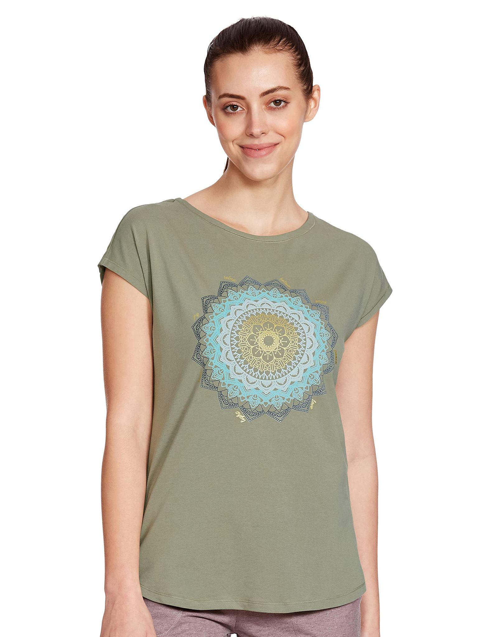 Enamor Athleisure Womens Relaxed Fit Long Length Short Sleeve Boat Neck 4 Way Stretch Antimicrobial Cotton Tee with Inspiring Graphics - E131