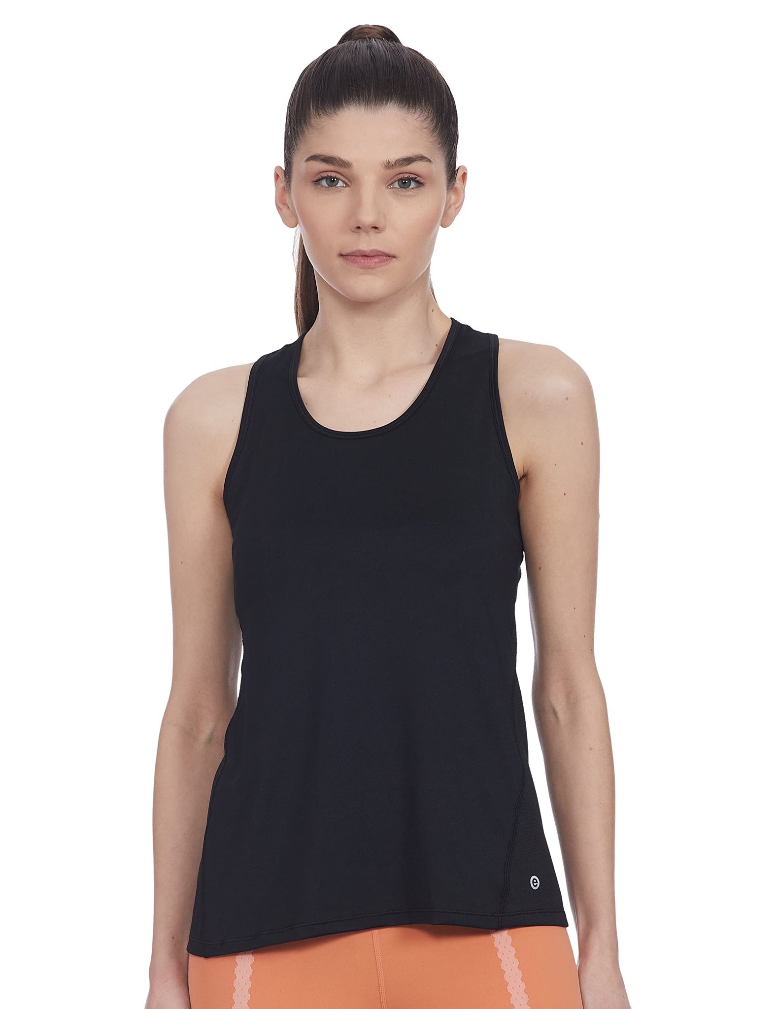 Enamor Athleisure Polyester E115 Active Racer Tank for Women| Scoop Neck Quick Dry Antimicrobial 4 Way Stretch Tank With Reflective Print(E115-Jet Black W/Ref Strp-XL)