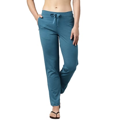 Enamor Essentials Womens Mid Rise Slim Fit Straight Leg Breathable Stretch Cotton Lounge Pants with Drawstring and Invisible Zipper Pockets- E014-(E014_Teal Melange_S)