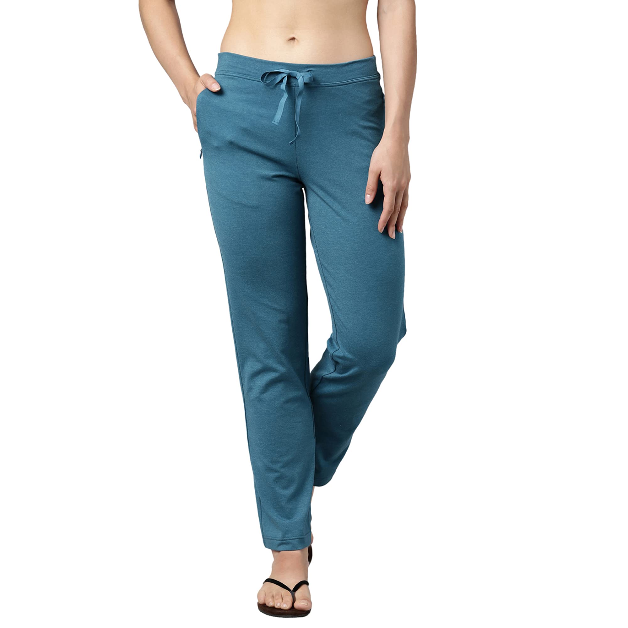 Enamor Essentials Womens Mid Rise Slim Fit Straight Leg Breathable Stretch Cotton Lounge Pants with Drawstring and Invisible Zipper Pockets- E014-(E014_Teal Melange_S)