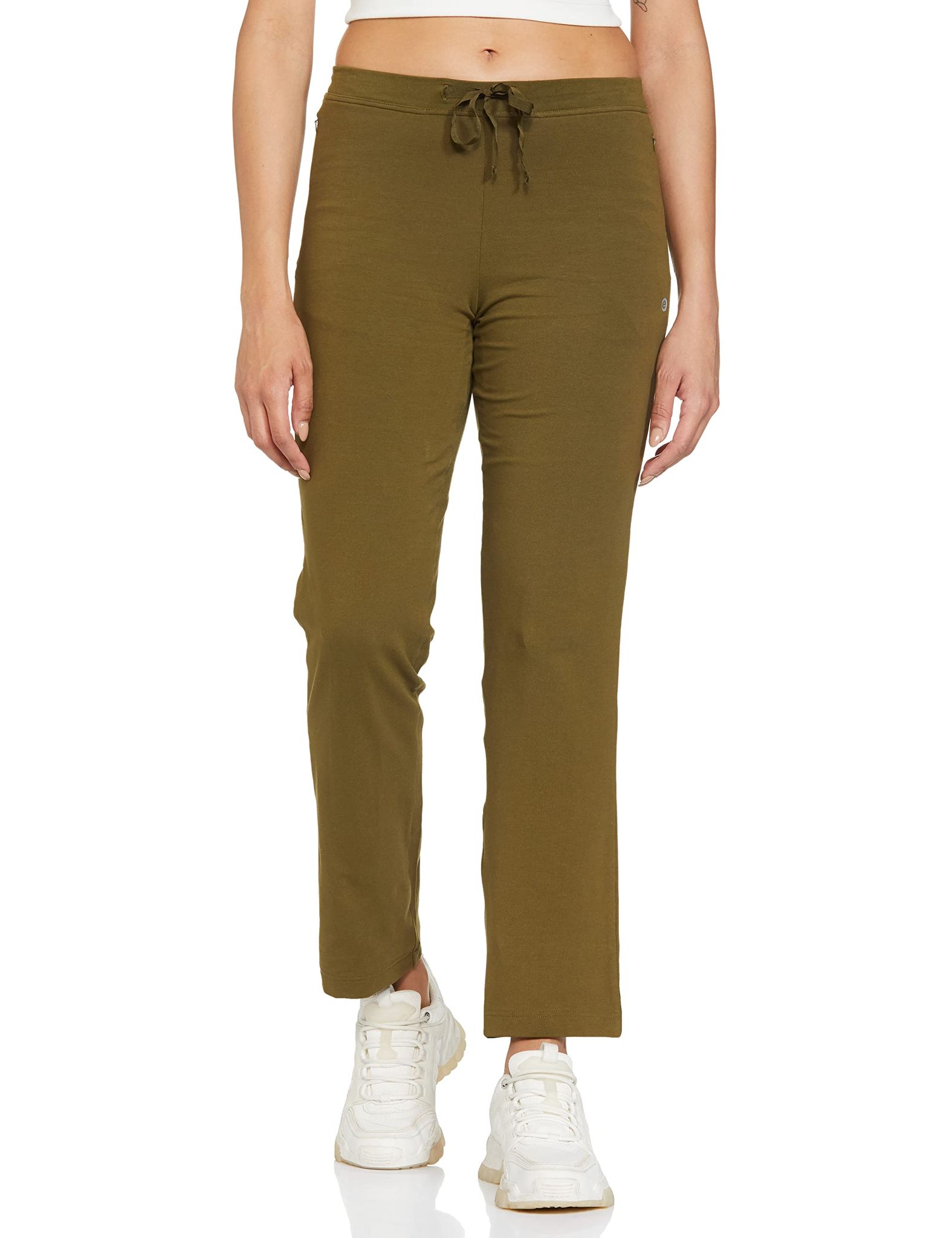 Enamor Essentials Women's Mid Rise Slim Fit Straight Leg Breathable Stretch Cotton Lounge Pants with Drawstring and Invisible Zipper Pockets- E014(E014-Army Green-L)